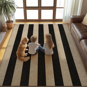 Washable Striped Easy Jute Rug, 5x7 Black Outdoor Indoor Patio Farmhouse Geometric Large Area Rugs, Low Pile Lightweight Non Slip Carpet Mat for Living Dining Room Bedroom Classroom Backyard Kitchen