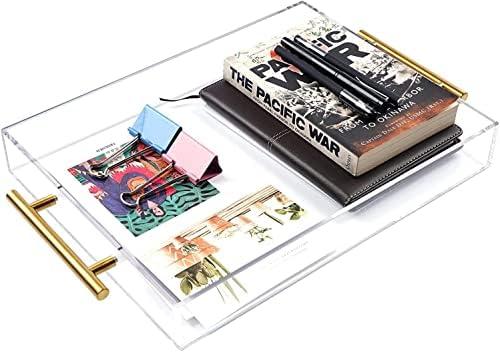 Clear Acrylic Serving Tray with Golden Handles 12"x16", Huge Capacity Sturdy Acrylic Tray for Coffee, Juice, Kitchen and Desk Organizer, Storage Tray