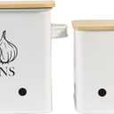 Onion Garlic Storage Bin, Food Container Set, Storage Canisters for Vegeatables, Set of 2 Jars Pots Containers, Garlic & Onion Bin with Aerating Tin Storage Holes & Wooden Lid (White)