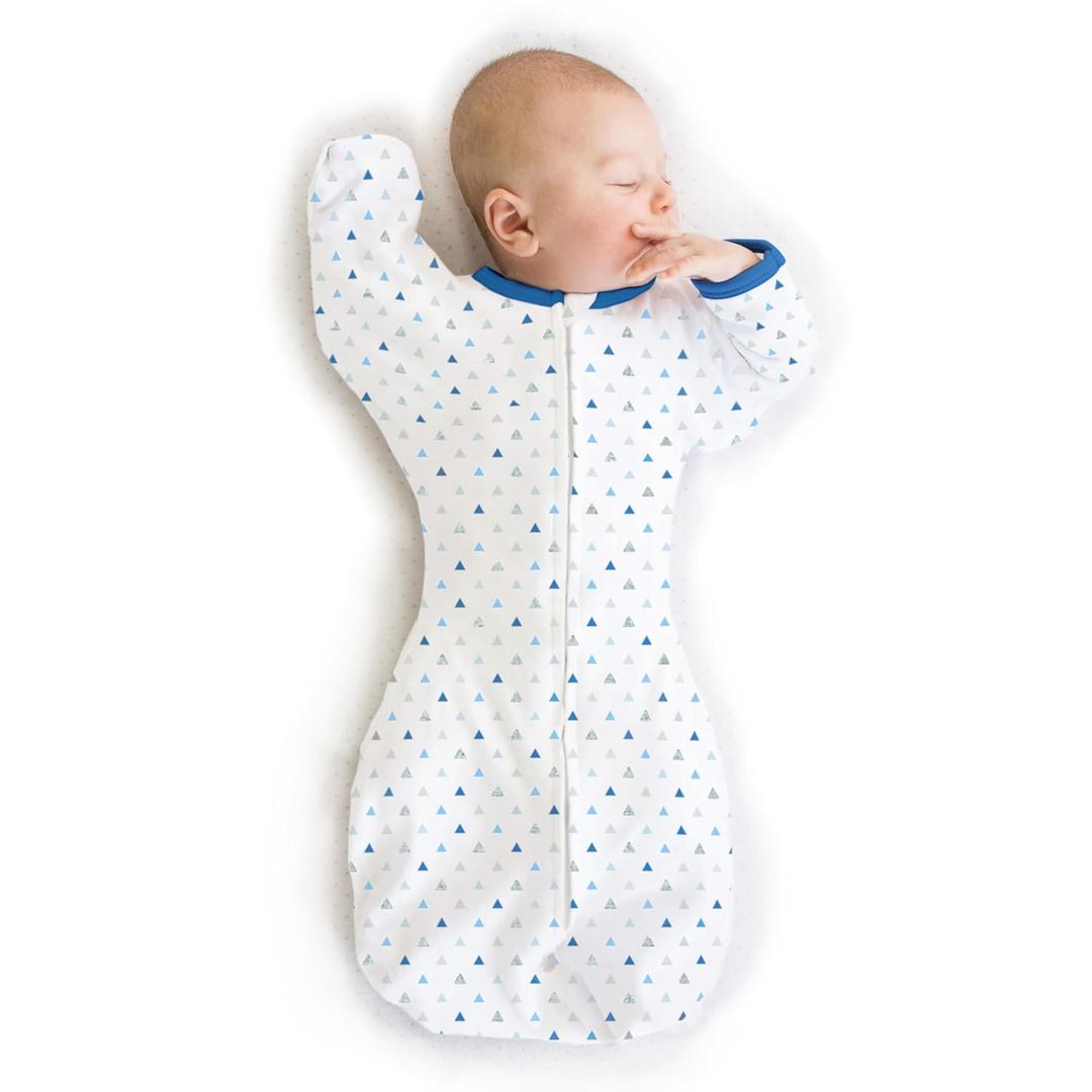 SwaddleDesigns Transitional Swaddle Sack, Arms Up Half-Length Sleeves & Mitten Cuffs, Swaddle for Newborn Transition to Baby Sleep Sack Wearable Blanket, Small, 0-3 month, 6-14 lb, Blue Tiny Triangles