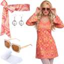 Janmercy 5 Pcs 70s Disco Outfit for Women Hippie Costumes Accessories 70s 80s Halloween Decades Party Cosplay, Large
