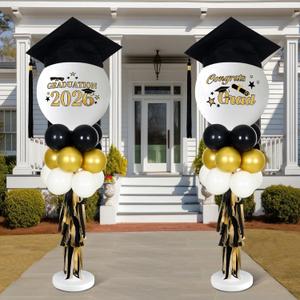 Yalikop 2 Sets 7ft Graduation Balloon Decoration Class of 2026 Graduation Balloon Column Stand DIY Adjustable Tower Pillar with Cap Decoration for Outdoor Indoor Grade Celebration Party Supplies