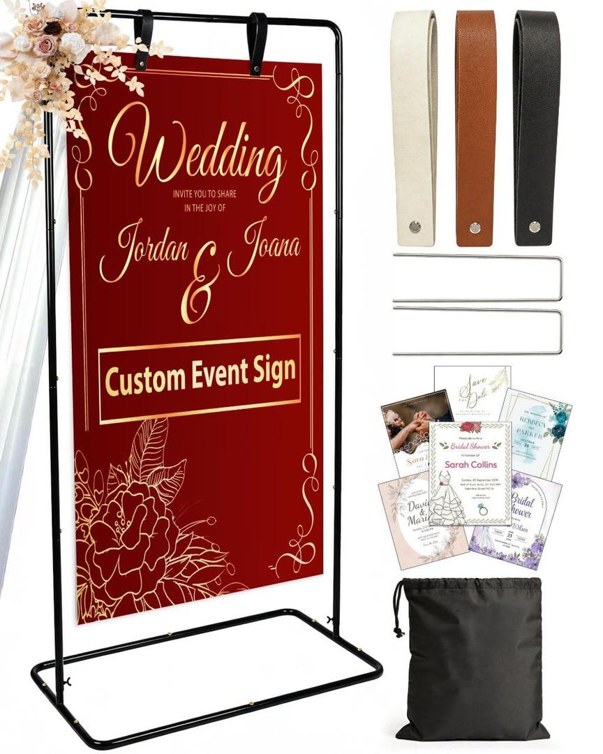 OLEEK Adjustable wedding welcome sign stand - Customizable design bundle for linen sign stand - wedding sign holder - welcome wedding sign - wedding signage with 6 Leather Hanging straps