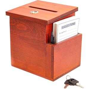 Juvale Wooden Suggestion Box with Slot - Secure Money Drop - Raffle Box for Events - 7.5 x 7.1 x 5.5 in, Brown, 50 Blank Cards & Pen
