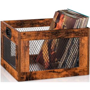 3IngSeagulls Vinyl Record Storage Crate Wooden Record Holder, Classic Cube Record Organizer Storage 100+ Records, Brown Color Vinyl Record Holder for Albums Super Easy to Assemble