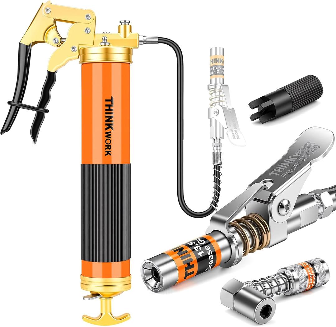 THINKWORK 8000 PSI Professional Heavy Duty Grease Gun Kit for 14 Oz Tubes, Pistol Grip Lube Grease Guns Tool with 0.53" Coupler & 90 Adaptor - Automotive, Marine, Industrial, Agricultural Machinery