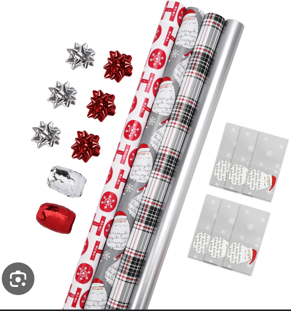 LaRibbons Christmas Wrapping Paper Set, Classic Santa Face & Plaid Design with Gift Bow & Ribbons & Tags, Perfect for Christmas, Holiday, Winter Party, Xmas, 30 Inch X 10 Feet (4Rolls, 100 sq.ft.ttl.)