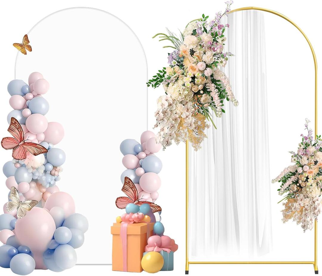Metal Arch Backdrop Stand and Cover Set, 6.6FT White Reusable Spandex Fitted Backdrop Cover and Gold Wedding Arch Frame for Baby Shower, Birthday, Parties Decoration.