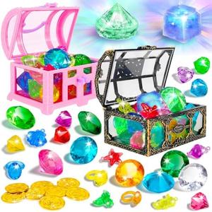 Diving Gems Pool Toys, 35Pcs Colorful Diamond Set with Pirate Treasure Chest, 2Light-Up Flashing Gems, Swim Dive Toys for Kids, Underwater Gemstone Swimming Training Pool Diving Toys for Kids Toddlers