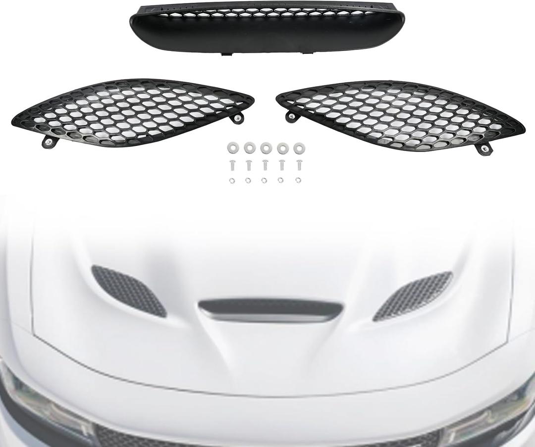 Front Hood Bezel Vent Trim Hood Scoop Grille Kit Fit for Dodge Charger SRT Hellcat 2015-2020, 68202581AA 68202580AA 68202462AA Hood Bezel 3PCS (Left ＆ Right Side + Centre) Plastic Replacement