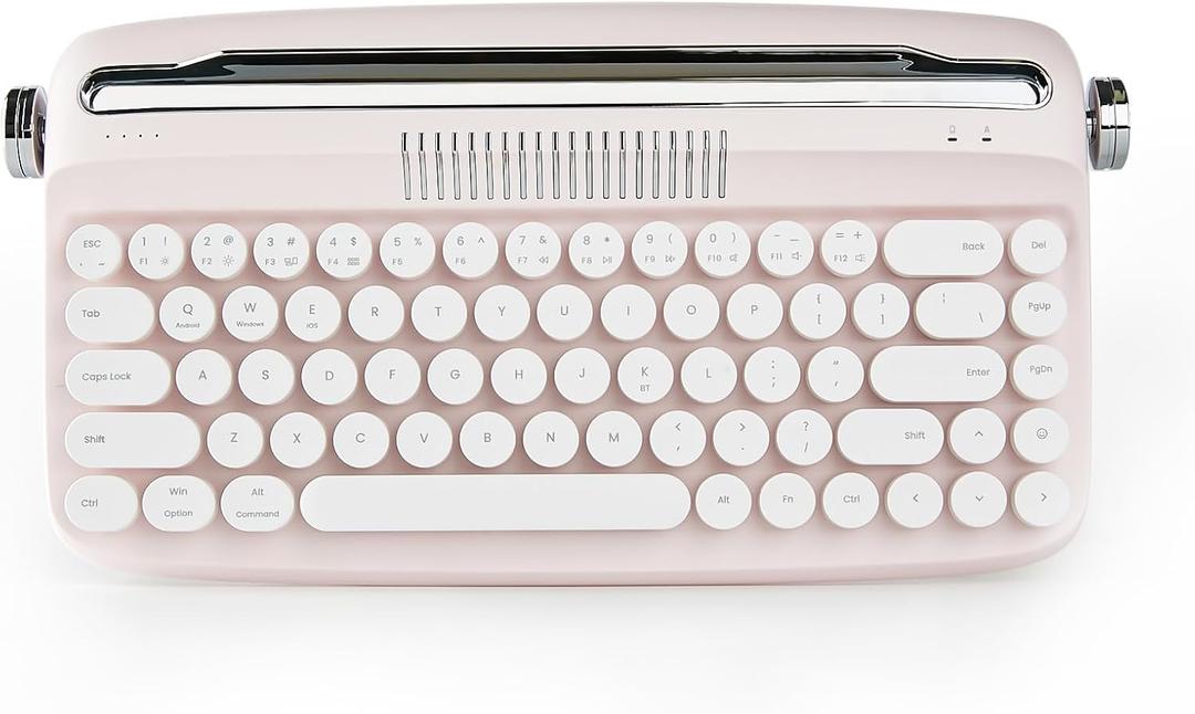YUNZII Upgraded Wireless Typewriter Keyboard, Retro Aesthetic with Integrated Stand,Cute Round Keycaps, USB-C/Bluetooth Connection for Table, Phone, PC and Win/Mac/Android (B307, Baby Pink)