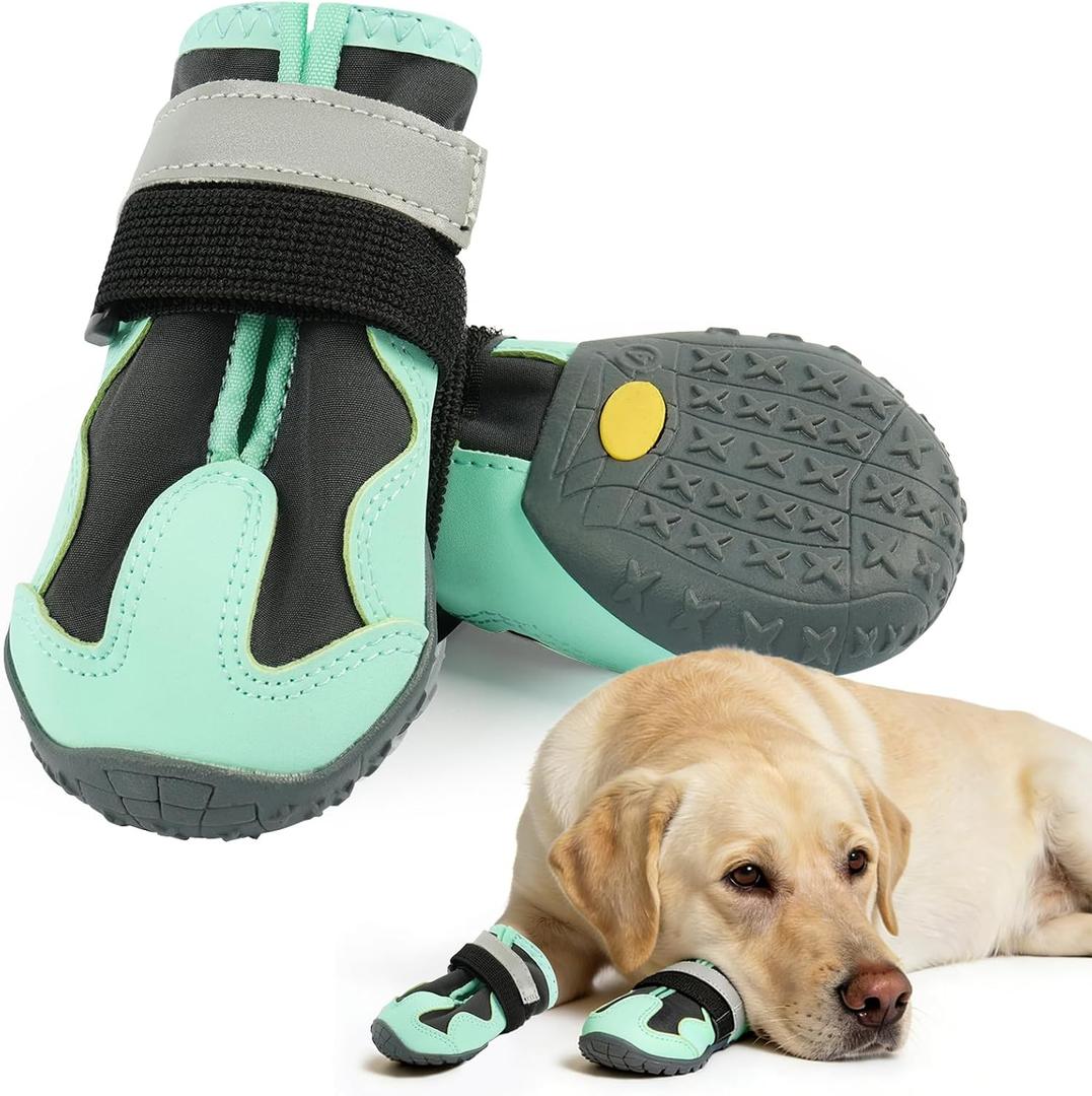 2 Pack Dog Shoes Waterproof, Non-Slip Dog Boots & paw ProtectorsDog Boot for hot Pavement,Winter Snow, Soft Comfortable SafeEasy to Wear, Dog Boots for Medium Large DogsGreen 5#