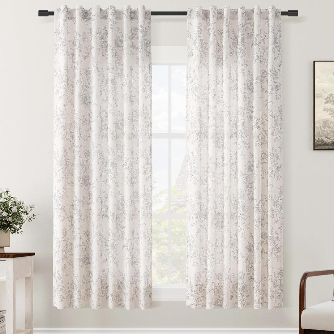 Vintage Floral Curtains, 72 inch Length, 2 Panels Set, Grey and Cream Printed, Back Tab, Neutral Farmhouse, Cottage Style, Pretty Flower Patterned Linen Drapes