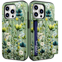 DYZTUNOCA Compatible with iPhone 16 Pro Case Wallet Cute for Women with Design,Rugged Credit Card Holder Slot Protective Phone Skin Cases Girly Design (green Vibrant Colorful Flowers)