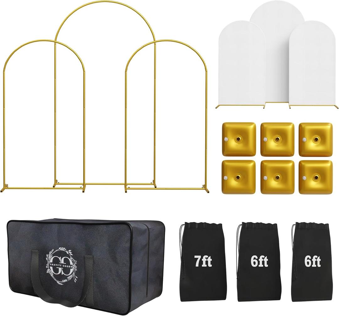 Metal Arch Backdrop Stand and Cover Set  3 Gold Frames (7.2ft, 6ft x2) with White Wrinkle-Free Spandex Covers, Water Weights, Bags & Case  Wedding, Birthday, Baby Shower, Party Decor