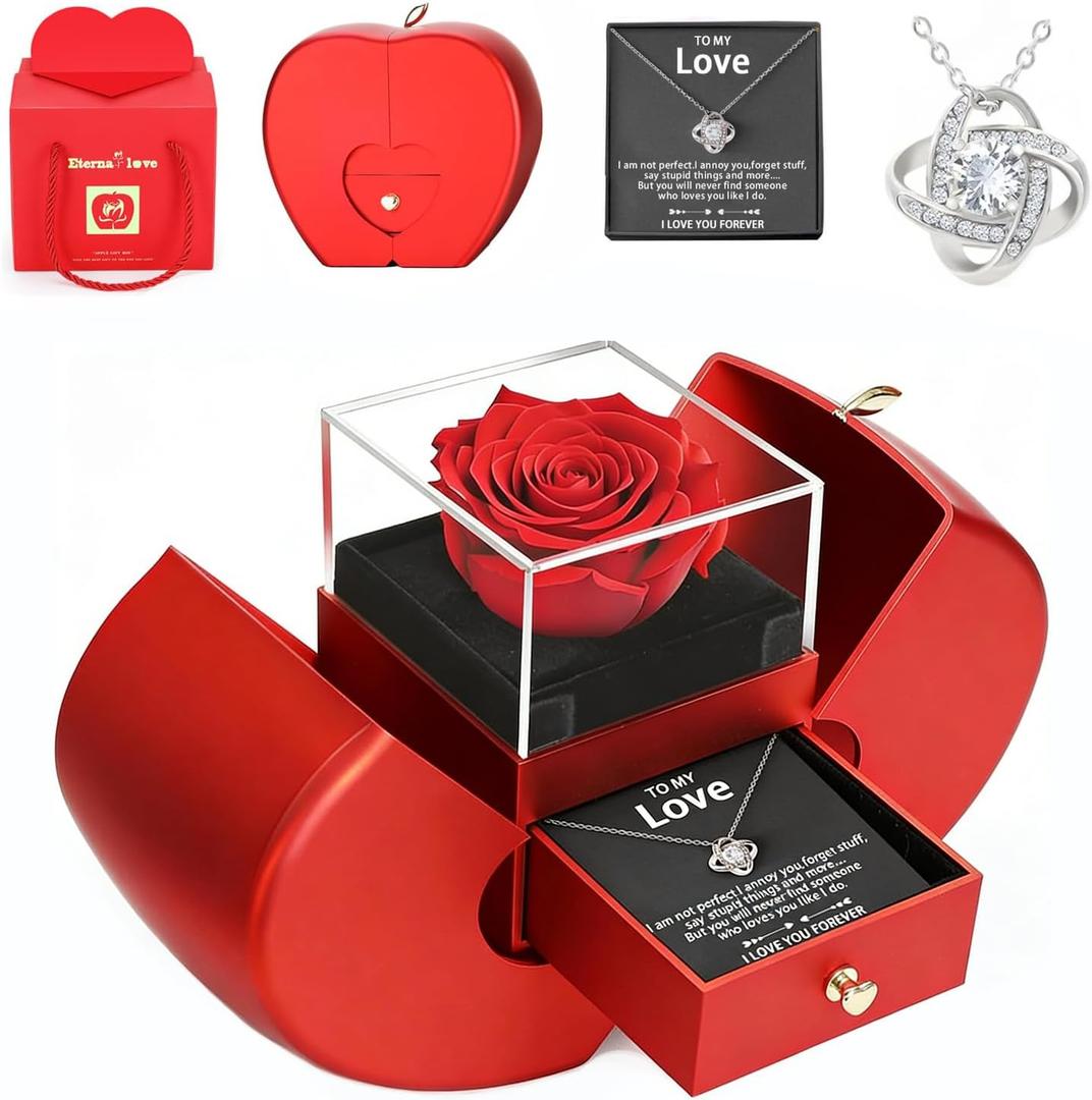 Forever Rose in Glass Box with Love Necklace, Preserved Eternal Rose & Jewelry Gift for Wife, Girlfriend or Mom, Valentine's Day Gift to Cherish, Regalos para Novia
