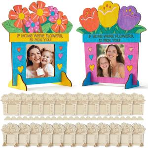 AIGIMU 24 Pcs DIY Mothers Day Crafts for Kids, Wooden Flower Picture Frame Kit 5.9" x 5.9", Color Your Own Mother's Day Crafts, Personalized Photo Frame for Mothers Day Gift from Daughter Son