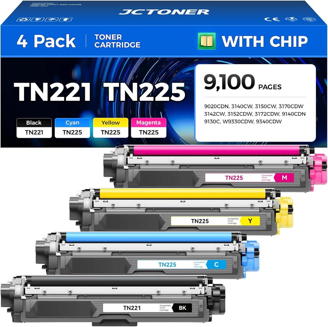 TN221 TN225 Toner Cartridge 4-Pack Replacement for Brother TN-221 TN-225 to Use with MFC-9130CW HL-3170CDW MFC-9340CDW HL-3140CW 3150CW MFC-9330CDW 9140CDN DCP-9020CDN Printer Black Cyan Yellow Magent