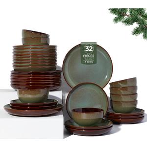 Pokini Ceramic Dinnerware Sets for 8, 32pcs Plates and Bowls Sets Dish Set | Stoneware Dishware sets, Microwave & Dishwasher Safe, Cereal Bowls and Dinner Plates Set, Stackable Dishes Set, Sage Green