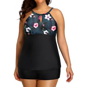 Aqua Eve Women Two Piece Plus Size Tankini Swimsuit with ShortsTummy ControlBathing Suit High Neck Swimwear Black Floral 18W