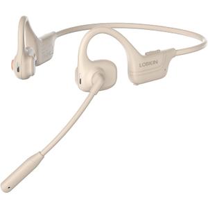 LOBKIN Open Ear Headphones with Mic, Trucker Bluetooth Headset with Noise Cancelling Microphone and Multipoint Connect, Wireless Bluetooth 5.3 Headset for Computer Work, Driving, Workouts, Cream
