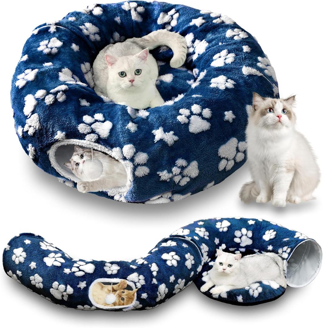 Cat Tunnel for Indoor Cats, Cute Peekaboo Cat Cave with Dangling Balls, Pet Donut Tunnel Bed with Circle Mat for Puppy Kitten Rabbit, Blue Paw (Round)