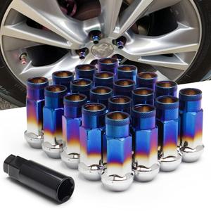 20pcs Burnt Blue Cold Forged Steel 12mm*1.25 Lug Nuts Extended Tuner Wheel Nuts Modified Nuts Open End Compatible with Various Types of Vehicles HTRACING