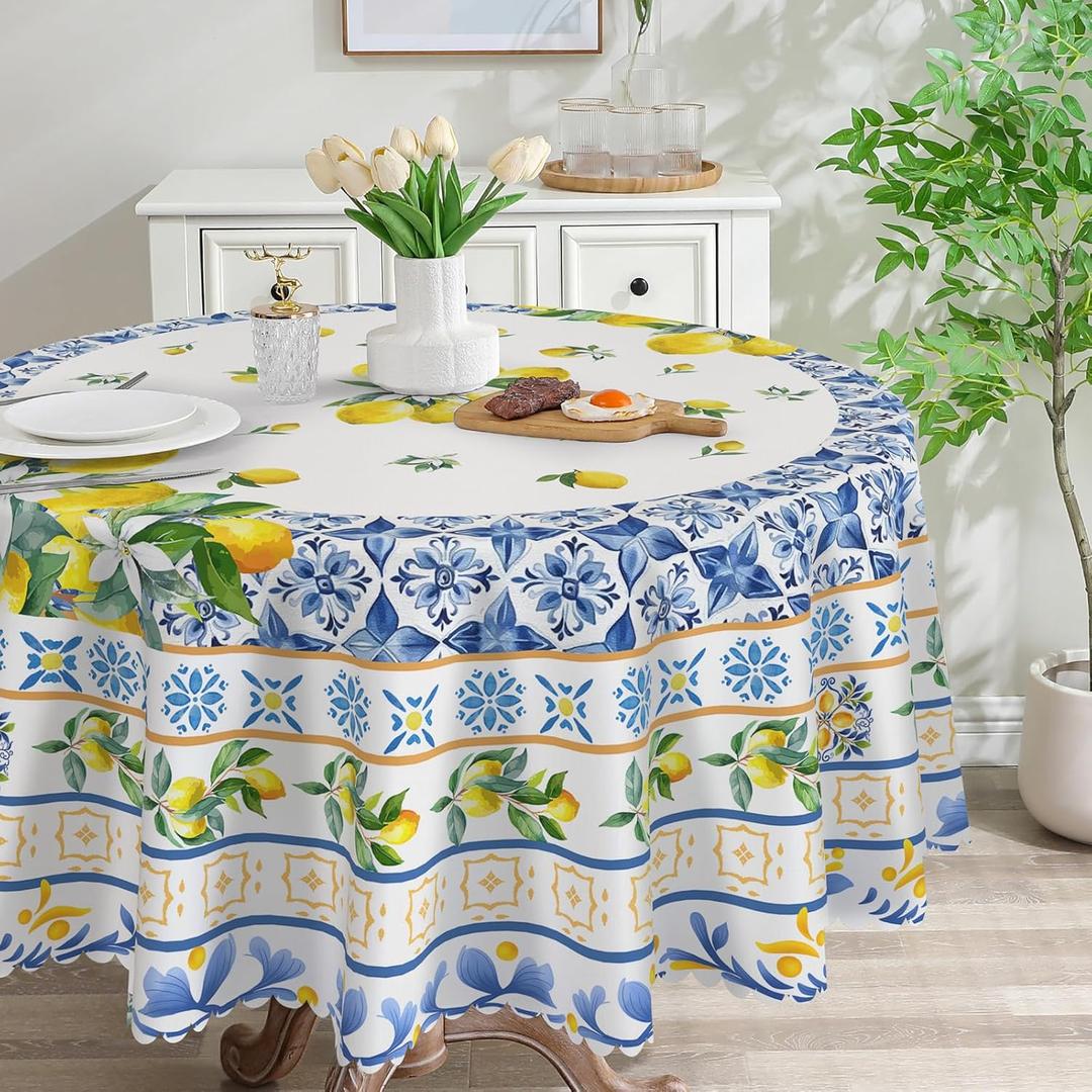 Lemon Round Tablecloth 70 inches - Mediterranean Summer for Home - Water Resistant Lemon Table Cloth Summer Decor for Home, Table, Party