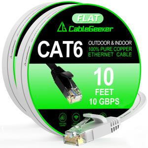 Cat 6 Ethernet Cable 10ft 2-Pack, Indoor&Outdoor, High Speed 10Gbps Internet Network, Pure Copper Flat Ethernet Patch Cable Long, Computer LAN Cable with Clips&Straps for Router,Modem,PS4/5, White
