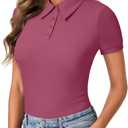 LYANER Womens Polo Shirts Short Sleeve Business Casual V Neck Collared Button Fitted Tops (Pink, L)