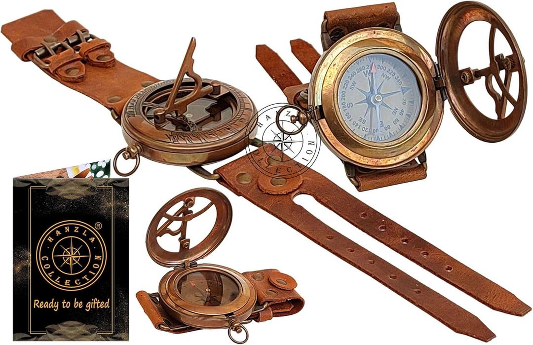 Steampunk Antique Brass Sundial Compass Handmade Leather Band Wrist Compass and Nautical Sundial Watch