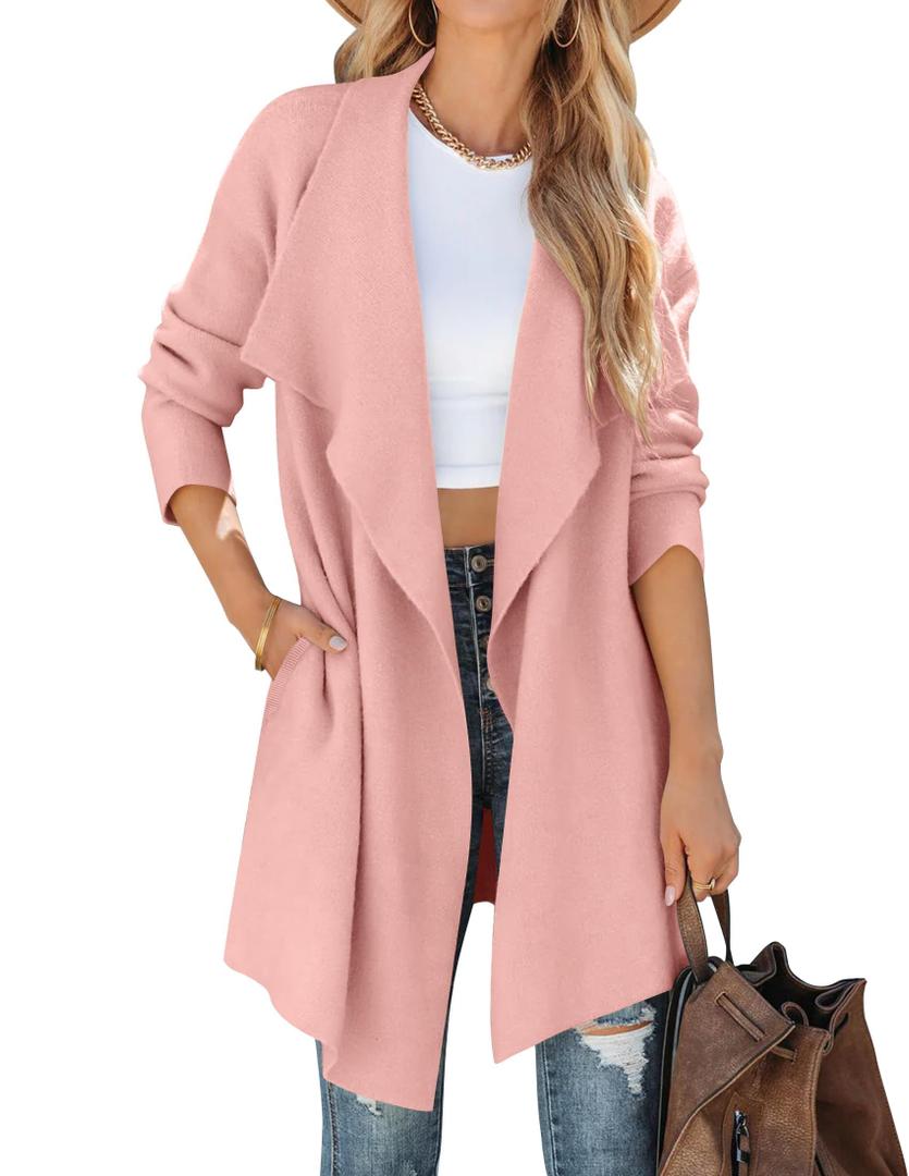 ZESICA Women's Casual Lapel Cardigan Long Sleeve Open Front Irregular Hem Soft Knitted Sweater Coat with Pockets,Pink,Large