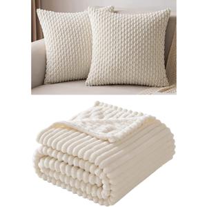 MIULEE Throw Pillow Covers Soft Corduroy Decorative Set of 2 Boho Striped Pillow Covers Pillowcases Farmhouse Home Decor for Couch Bed Sofa 20x20 Inch Cream White Bundle Fleece Blanket 50x60 inch