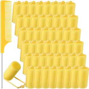 Syhood 48 Pcs Foam Sponge Hair Rollers Soft Sleeping Curlers Flexible Sponge Curler and Rat Tail Comb for Women Hairdressing Styling(Yellow,1.18 inch)