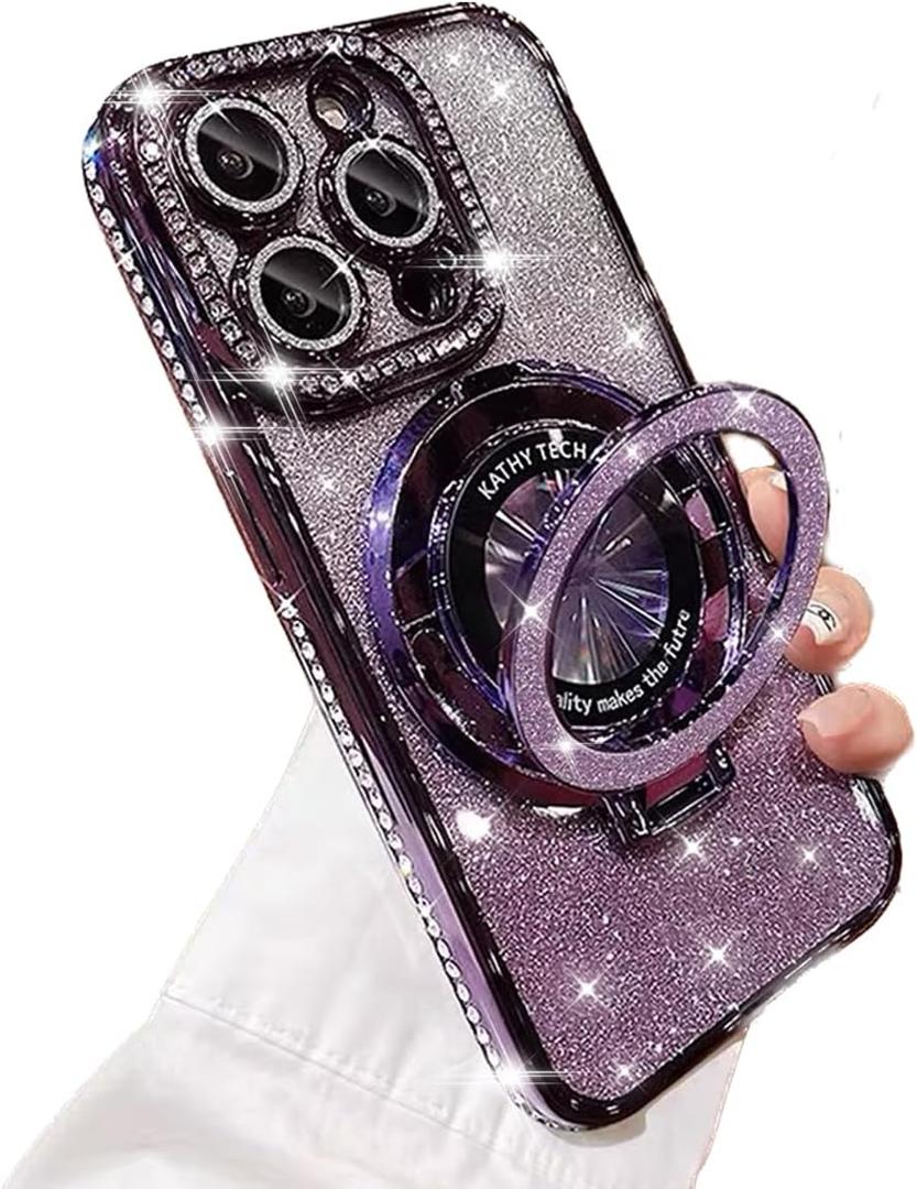 AuroiCCY Magnetic Case for iPhone 14 Pro Max with Ring Holder, Luxury Glitter Rhinestone Bling Case [Compatible with Magsafe] Shockproof Kickstand Camera Lens Protector for iPhone 14 Pro Max (Purple)