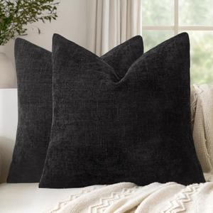 Set of 2 Textured Throw Pillow Covers Decorative Soft Accent Square Chenille Pillowcases Neutral Farmhouse Cushions Modern Home Decor for Couch Sofa Bedroom Living Room 20x20 Inch, Black