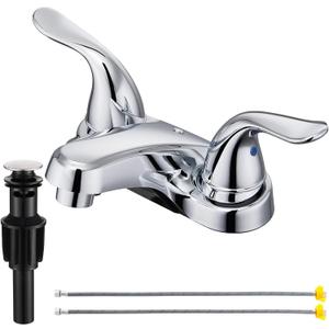Bathroom Sink Faucets 2/3 Hole, Chrome Plating Dual Handles 4 inch Plastic Plating Over Bathroom Faucet with Pop-up Drain and 2 Supply Hoses for Apartment RVs Sink Vanity