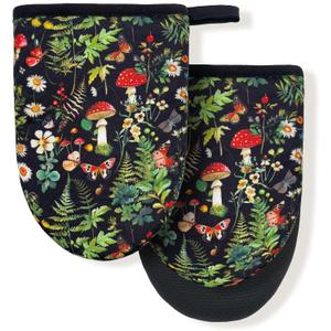 Goth Mushroom Farmhouse Vintage Gothic Mini Silicone Oven Mitts, Heat Slip Resistant Kitchen Gloves 2-Pack Set, Soft Short Small Oven Mittens Pot Holders for Baking Grilling Barbecue Microwave Gift