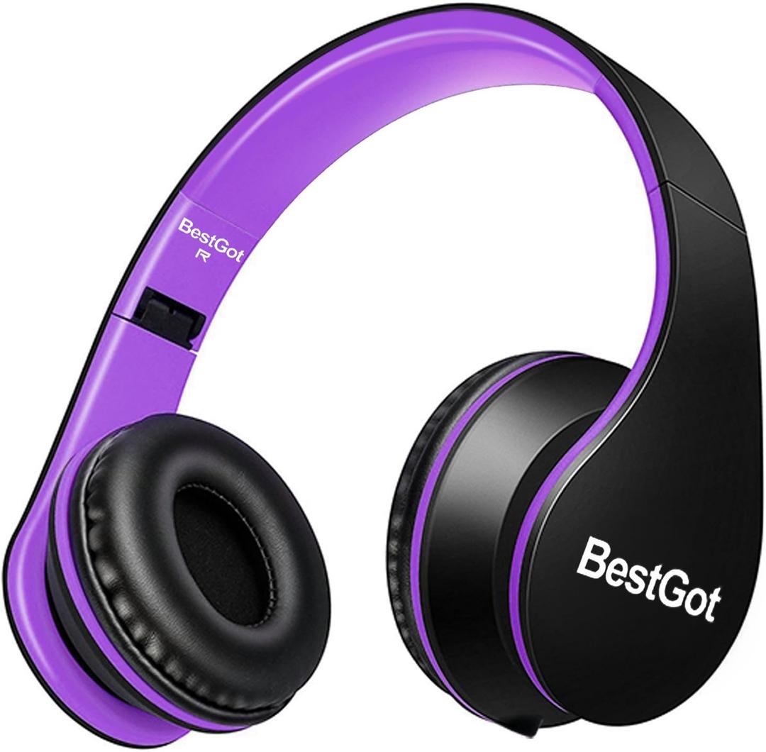 Kids Headphones BG6002 Children Headphones for Kids Boys Adult with Microphone Volume Control Foldable Headset with 3.5mm Plug Removable Cord (Black/Purple)