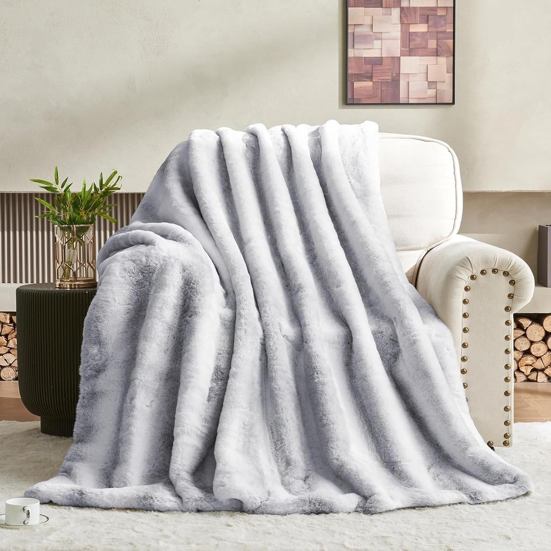 Luxury Faux Fur Blanket - Soft Warm Plush Blankets for Couch Sofa Bed, Fluffy Thick Throws for Bedroom, Office, Living Room, Decorative Reversible, Not Easy to shed- 60"x80", Grey/White
