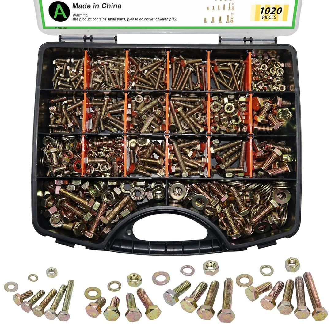 1020PCS Grade 8.8 Metric Bolt Assortment Kit -M4 M5 M6 M8 Heavy Duty Hex Bolts & Nuts with Washers,Yellow Zinc Plated(12-30mm), Automotive/Furniture Hardware,Assorted Metric Fasteners for DIY & Repair