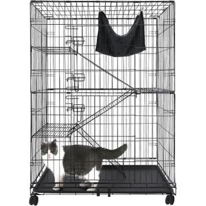 Homey Pet 50 Inch Cat Cages Indoor, Large 4-Tier Cat Crates for Indoor Cats, Collapsible Metal Wire Cat Kennel Big Multi-Level Cat Cage for Adult Cats Kitten Kitty with Hammock, Ramp, 360 Wheels