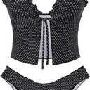 seamoly Women's Tankini Sets Tie Front Ruffle Bikini Set High Cut Thong Two Piece Swimsuit Floral Gingham Bathing Suit Small