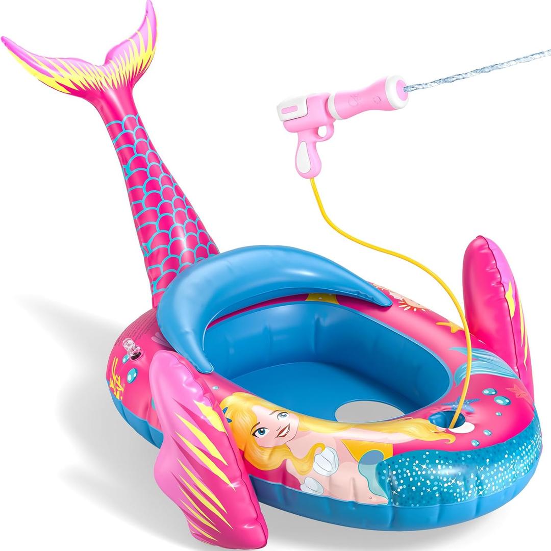 Kids Pool Floats with Water Gun, Mermaid Toddler Inflatable Pool Toys for Kids Age 3-8 Years Old, Summer Outdoor Water, Beach, Swimming Pool Toys Gift for Girls, Pink Mermaid