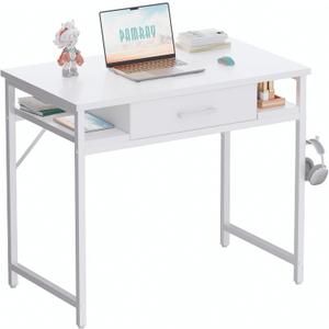 Pamray 32 Inch Small Computer Desk with Drawer and Shelves Simple Study Work Table for Bedroom White