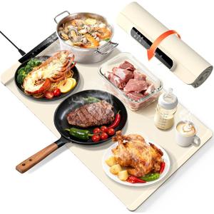 Warming Mat for Food,Food Warming Mat,Electric Warming Tray with 10 Temp-Settings,10H Timer,Portable Food Warmer for Parties,Buffets,Family Gatherings,Holiday,Child Lock (Beige, 26 * 15 Inch)