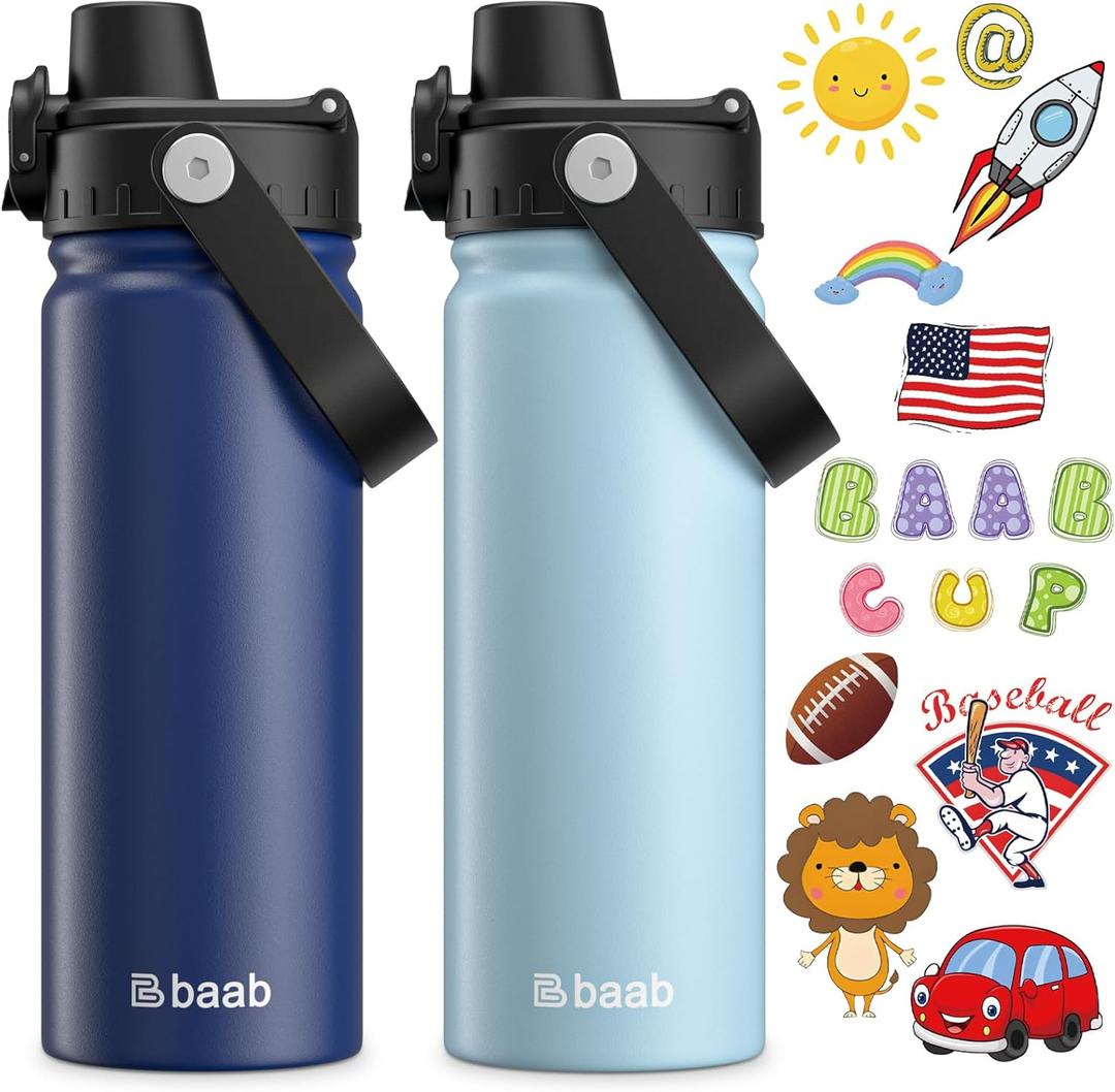 baab 18oz Kids Water Bottle, Insulated Kids Water Bottle with Lockable Spout Lid & Stickers, 18/8 Stainless Steel Vacuum Leakproof Kid Water Cup with Handle for School (Navy Blue+Light Blue, 2 Pack)