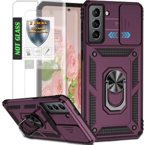 AYMECL for Galaxy S21 Plus 5G Case with Slide Camera Cover & [2 Packs] Self-Healing Screen Protector,Built-in 360 Rotate Stand Protective Case for Samsung Galaxy S21+ 5G 6.7 inch-Wine Red