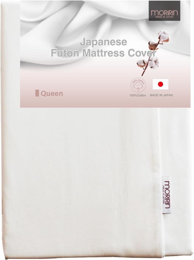 MORIRIN Zippered Cover for Japanese Futon Floor Mattress, 100% Cotton, Made in Japan, Queen, White