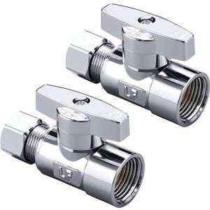 2 Pack Premium Brass Chrome plated 3/8" FIP Female Thread x 3/8 Inch OD Compression Quarter Turn Straight Water Angle Stop Valve Shut Off